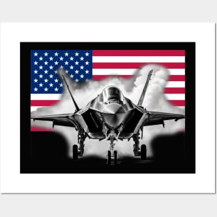 F-35 Fighter Jet with US Flag Background Posters and Art